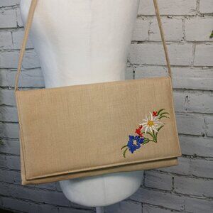 VINTAGE LINEN SHOULDER HANDBAG WITH EMBROIDERED FLOWERS ON FRONT, CLASSIC